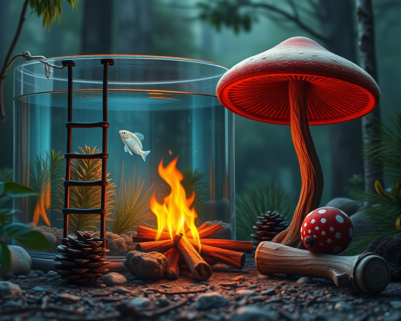 fish tank, ladder, pinecone, mushroom, campfire